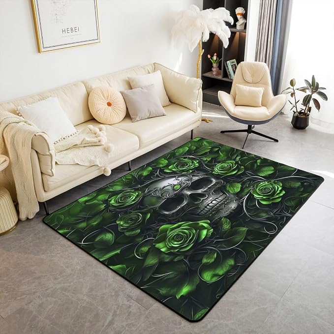 Erosebridal Sugar Skull Area Rug 6'6" x 4'11",Green Rose Floral Carpet for Kids Boys Girls Teens Adults,Gothic Skeleton Indoor Floor Mat,Exothic Hippie Horror Decorative Washable Rug - skull carpet