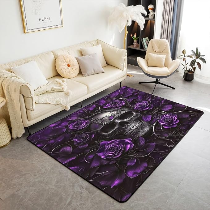 Erosebridal Sugar Skull Area Rug 4'11" x 3'3",Purple Rose Floral Carpet for Kids Boys Girls Teens Adults,Gothic Skeleton Indoor Floor Mat,Exothic Hippie Horror Decorative Washable Rug - skull floor mat