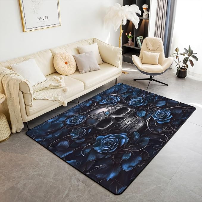 Erosebridal Sugar Skull Area Rug 4'11" x 3'3",Teal Rose Floral Carpet for Kids Boys Girls Teens Adults,Gothic Skeleton Indoor Floor Mat,Exothic Hippie Horror Decorative Washable Rug - skull floor mat