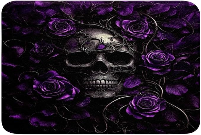 Erosebridal Sugar Skull Bathroom Rugs 20"x 32",Purple Rose Floral Bath Mat for Kids Boys Girls Teens Adults,Gothic Skeleton Doormats Floor Mats,Exothic Hippie Horror Non Slip Bath Rug - skull toilet mat