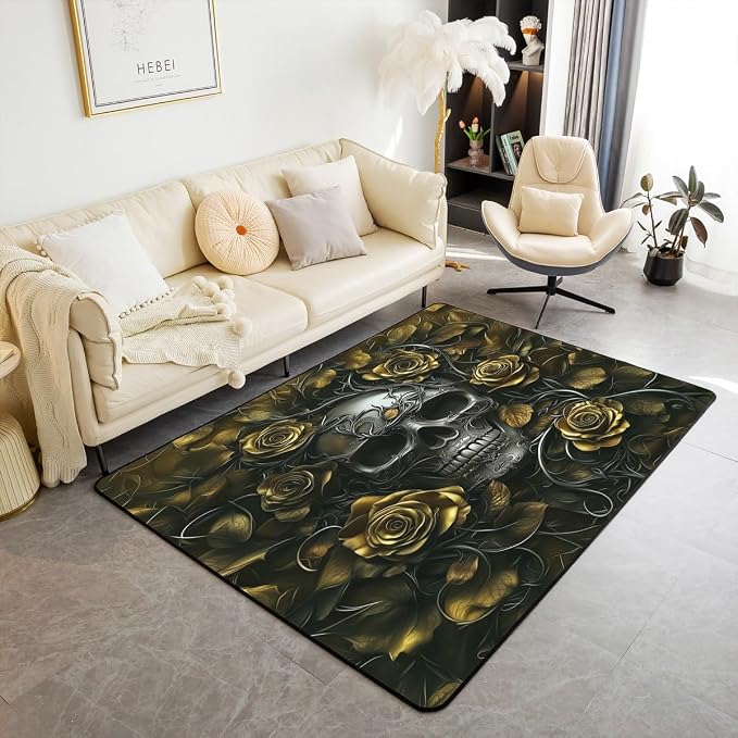 Erosebridal Sugar Skull Area Rug 4'11" x 3'3",Yellow Rose Floral Carpet for Kids Boys Girls Teens Adults,Gothic Skeleton Indoor Floor Mat,Exothic Hippie Horror Decorative Washable Rug - skull floor mat