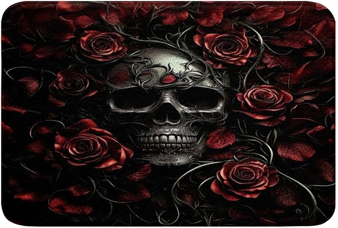 Erosebridal Sugar Skull Bathroom Rugs 20"x 32",Red Rose Floral Bath Mat for Kids Boys Girls Teens Adults,Gothic Skeleton Doormats Floor Mats,Exothic Hippie Horror Non Slip Bath Rug - skull toilet mat