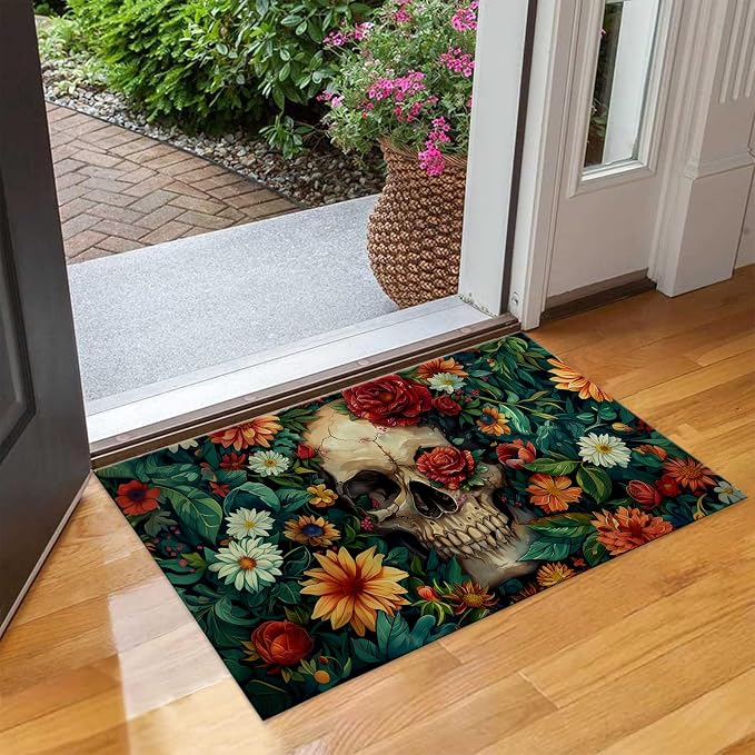Gothic Skull Indoor Door Mat, Non Slip Floral Skulls Doormats for Living Room Kitchen, Non-Woven Fabric Welcome Mat for Entrance Office Home, Decorative Floor Rug Gifts 17x29.5in - skull floor mat