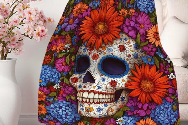 Sugar Skull Throw Blanket, Day of the Dead Floral Skull Fleece Blanket, Soft Lightweight Calavera Blanket for Couch Sofa Bed, Sugar Skull Gifts for Women, 40×50 Inches