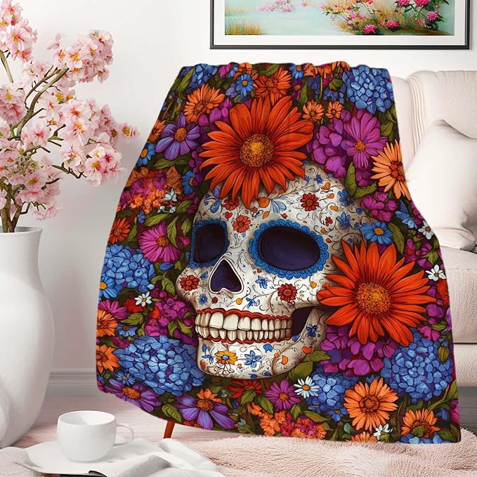 Sugar Skull Throw Blanket, Day of the Dead Floral Skull Fleece Blanket, Soft Lightweight Calavera Blanket for Couch Sofa Bed, Sugar Skull Gifts for Women, 40×50 Inches