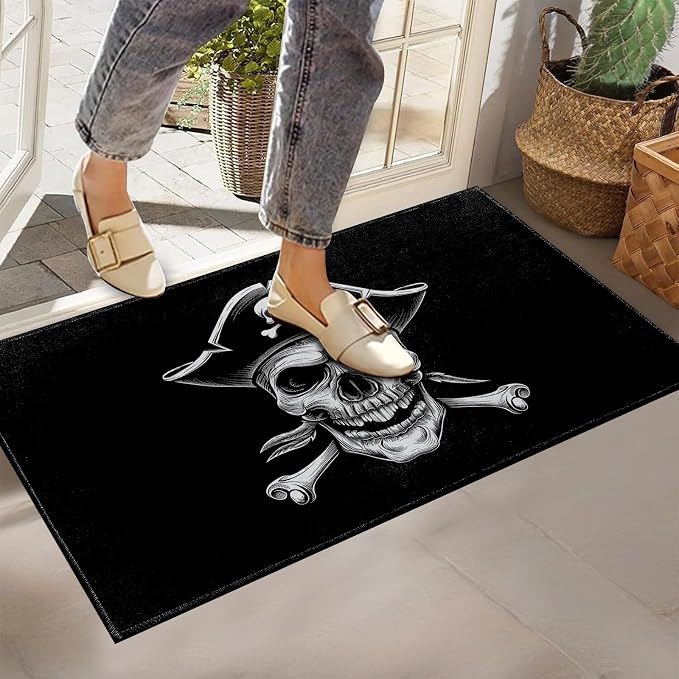 Classic Skull Pirate Indoor Doormat, Non-Woven Fabrics Non Slip Floor Mat 17×29.5 in Area Rug Quick Absorbent Entrance Rug Front Door Mat, Welcome Mats Entryway Rug Doormats for Kitchen Home Bedroom