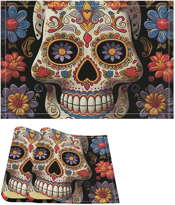 Linen Placemat Set of 2 Table Place Mats Sugar Skulls Farmhouse Dining Table Mats Heat Resistant Dining Table Place Mats Plate Mat Cloth Placemats Easy to Clean - skull plate
