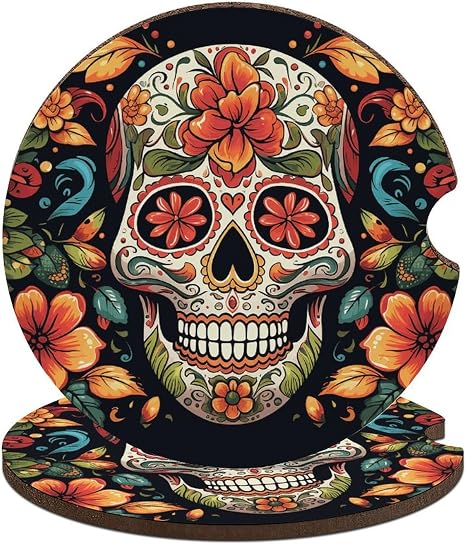 Car Coaster Absorbent Coaster for Cup Holders 2 PCS Colorful Sugar Skull Car Cup Coaster Non-Scratch Cork Base Drink Coasters for Auto Accessories - skull coaster
