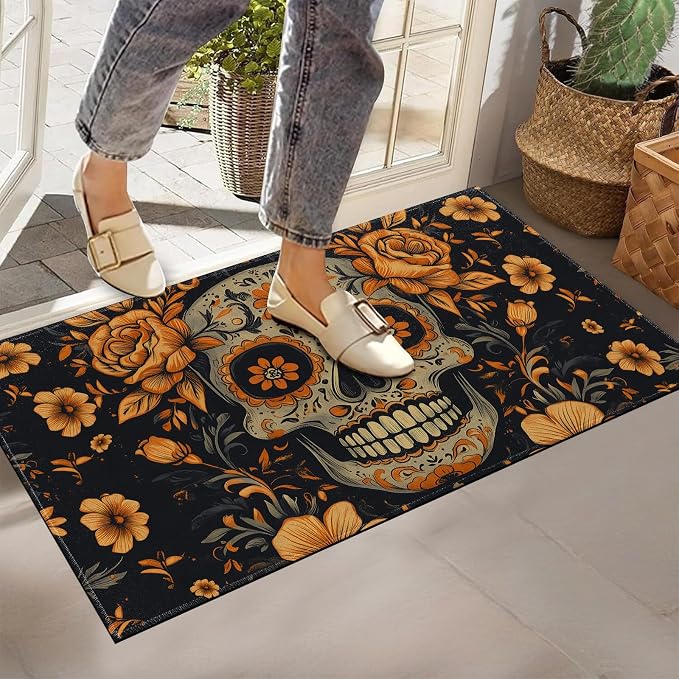Sugar Skull Indoor Doormat, Non-Woven Fabrics Non Slip Floor Mat 17x29.5 in Area Rug Quick Absorbent Entrance Rug Front Door Mat, Welcome Mats Entryway Rug Doormats for Kitchen Home Bedroom - skull floor mat