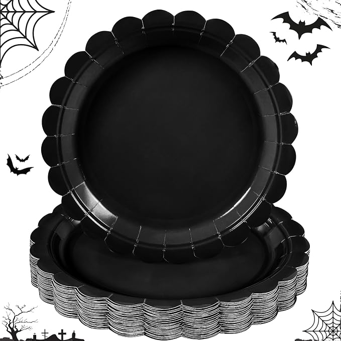 30 Pcs Black Paper Plates 9" Scalloped Halloween Dessert Cake Plate - skull plate