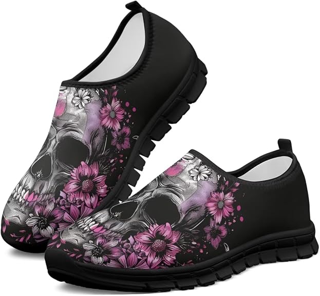 Skull Print Slip on Shoes for Men Women Loafers Hands Free Shoes Running Sneakers Breathable Walking Shoes - sugar skull boots