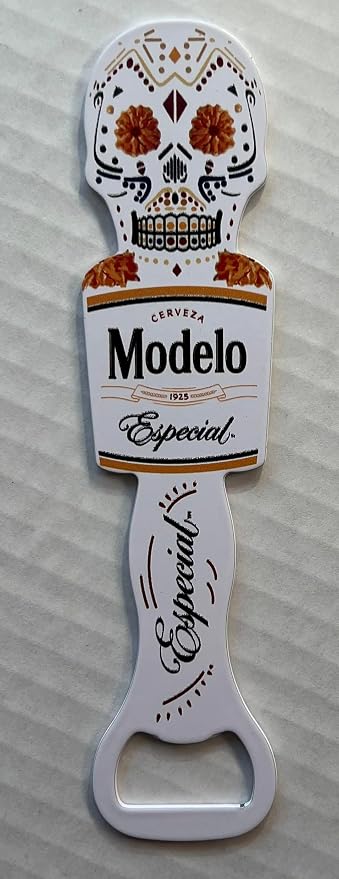 Modelo Especial Beer Bottle Opener, Day ofthe Dead Sugar Skull Design, Metal Bar Tool Cool Unique funny Mexican bottle opener Man cave decor accessories must haves for Barbecue BBQ parties - skull bottle