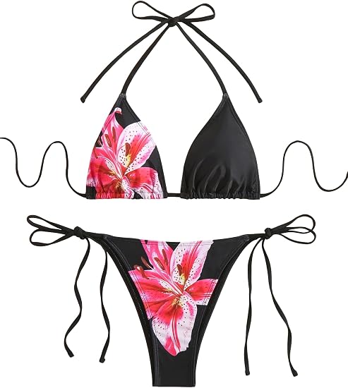 SEGT Women's 2 Piece Floral Print Halter Neck Tie Bikini Set Triangle String Thong Swimsuit Summer Bathing Suits for Women - skull swimsuit