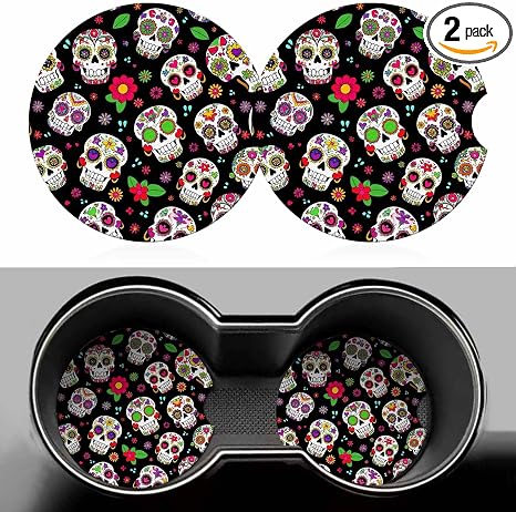 Sugar Skull 2 Pack Car Cup Holder Coaster Anti Slip Insert Absorbent Ceramic Car Coaster with Cork Base and Finger Notch Cute Car Accessories Interior for Women Men - skull coaster