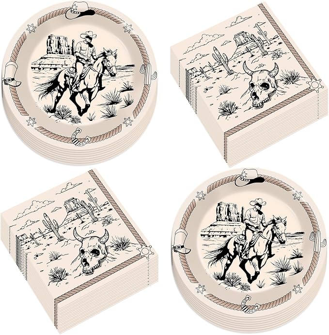50Pcs Western Party Paper Plates and Napkins for 25 Guests - skull plate