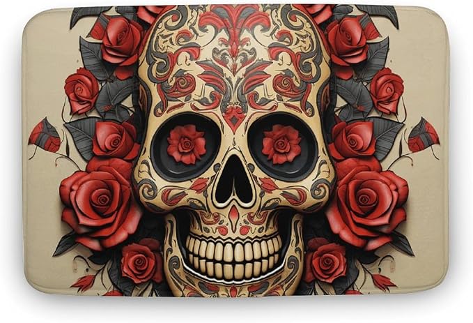 Bath Rugs Washable Bathroom Mat Red Rose Sugar Skull Rugs Non Slip Indoor Door Mat Super Absorbent Coral Velvet Kitchen Rug Easy Welcome Mats Clean Entryway Rug 15.7"x23.6" - skull toilet mat