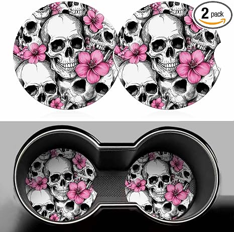 Skull and Flowers Car Cup Holder Coaster 2 Pack Absorbent Ceramic Car Coasters for Cup Holders Car Accessories Interior for Women Men Universal Anti Slip Cork Base Cup Coasters with Finger Notch - skull coaster