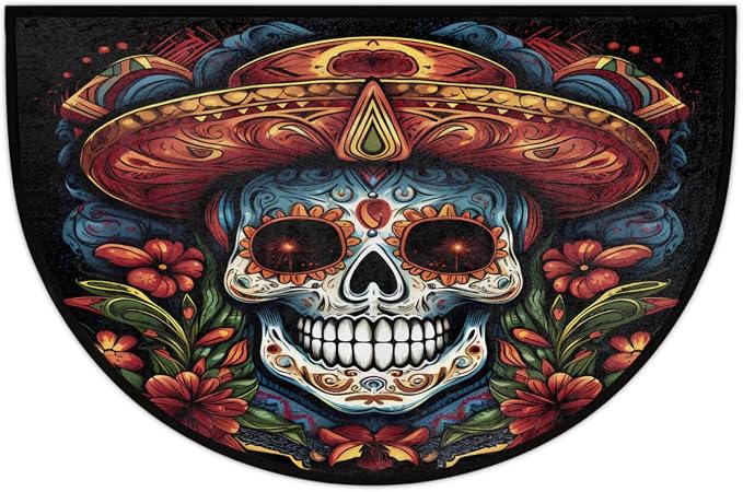 Skull Half Round Doormat Washable Semi Circle Rug Kitchen Outdoor Rugs - skull carpet