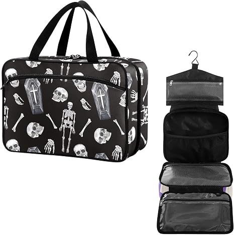 Travel Toiletry Bag for Woman/Men, Goth Style Symbols with Skull Skeletons and Coffins Hanging Organizer Bag with Pockets Portable Folding Travel Case Bags for Makeup Cosmetic Toiletries Traveling-L - skull suitcase
