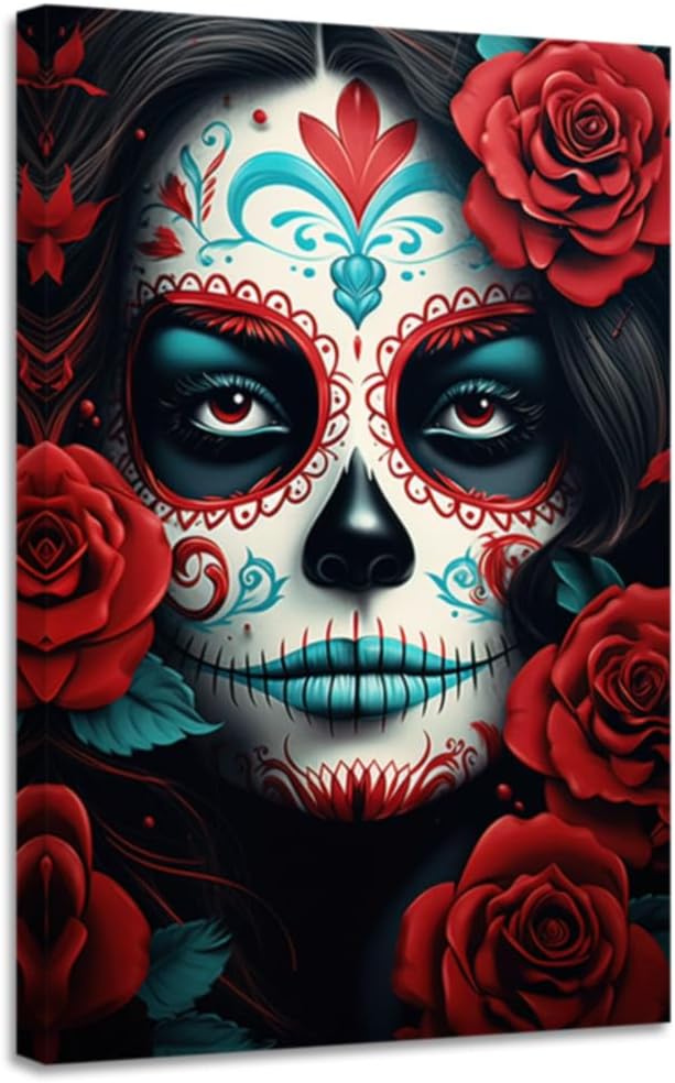 CGXLB Sugar Skull Wall Art Woman Portrait Roses Paint Flowers Poster Halloween Canvas Oil Painting Skulls Girl and Red Roses Mexican Artwork Dark Goth Wall for Living Room Kitchen Decor 12"x18" - skull wall art