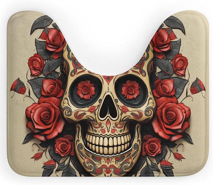Red Rose Sugar Skull Toilet Rugs U Shaped Bathroom Rug, Extra-Soft Plush Bath Bathroom Rug Super Absorbent Ultra Thin Toilet Mats for Bathroom Toilet - skull toilet mat