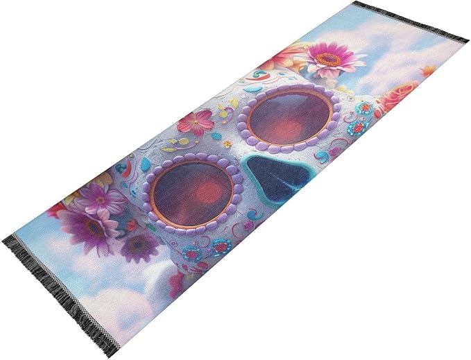 Living Room Runner Rug Washable Non Skid Laundry Rug Runner Tassel Carpet for Bathroom Bedroom Home Decor White Day of Dead Flower Skull