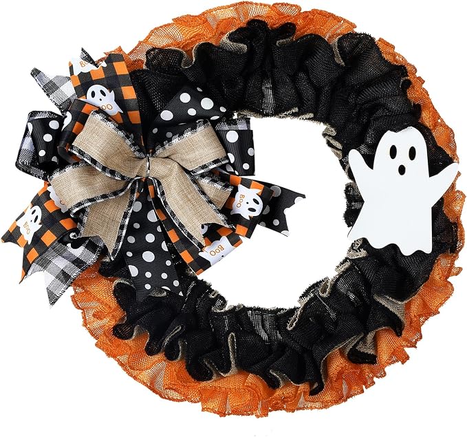 Bencailor Halloween Ghost Wreath for Front Door Boo Door Decor, Ghost Style