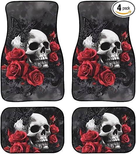 Gothic Skull Rose Black Butterfly Car Floor Mats Auto Front & Rear Floor Mat Anti Dirty Foot Pad Automotive Accessories Interior Decor 4 Pcs Heavy Duty Protection for Car Truck SUVs