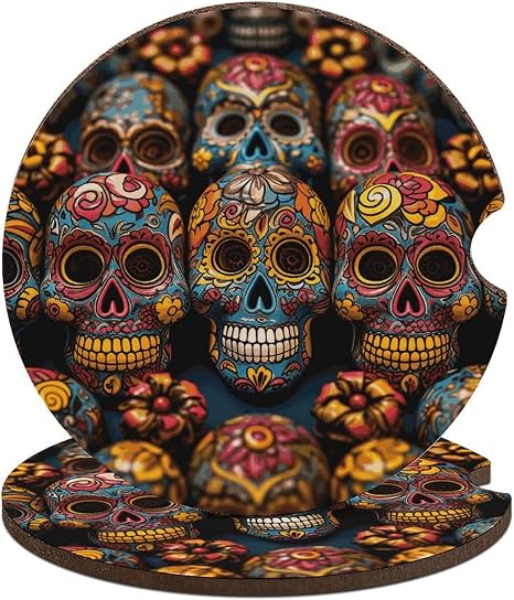 Car Coasters for Drinks Absorbent 2.56" 2 PCS Colorful Sugar Skulls Cork Base Cup Holder Coaster Cute Cup Holder Coasters with Fingertip Grip - skull coaster