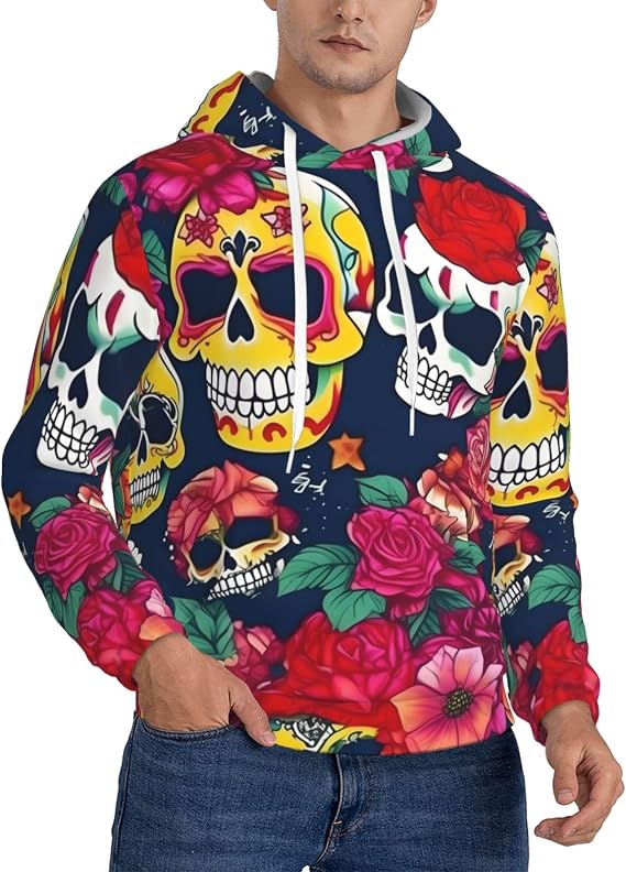 Sugar And Skulls And Flowers Print Sweatshirt Hoodie Warm Soft Casual Men Hooded Hoodie With Pockets Moisture Wicking - skull hoodie