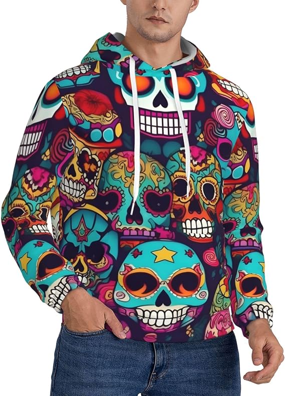 Sugar Skulls Print Sweatshirt Hoodie Warm Soft Casual Men Hooded Hoodie With Pockets Moisture Wicking - skull hoodie