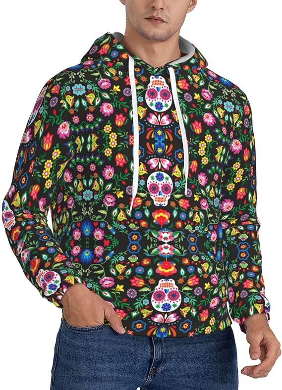 Sugar Horror Skull And Flowers Print Sweatshirt Hoodie Warm Soft Casual Men Hooded Hoodie With Pockets - skull hoodie