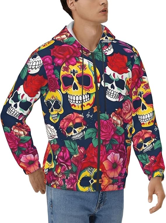 Sugar And Skulls And Flowers Print Big And Tall Men Hoodie Adult Sweatshirt Winter Stylish Hoodies For Men Hoodies - skull hoodie