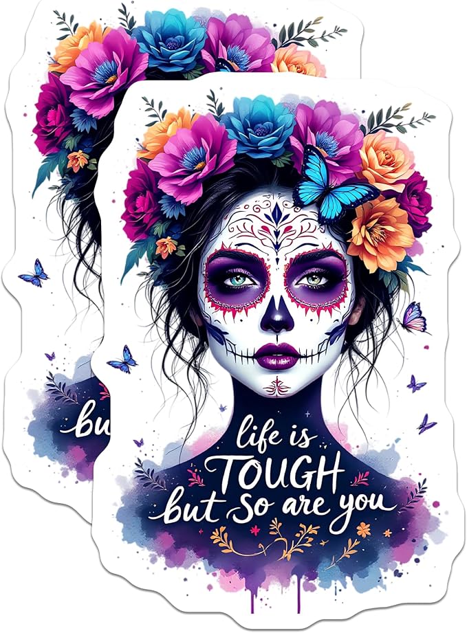 (2 Pack) Day of the Dead Stickers - Inspirational Quotes Stickers - Sugar Skull Art Stickers - 5" On Longest Side - Sticks to Smooth Flat Surfaces - Made in USA - BMCS4637 - skull sticker