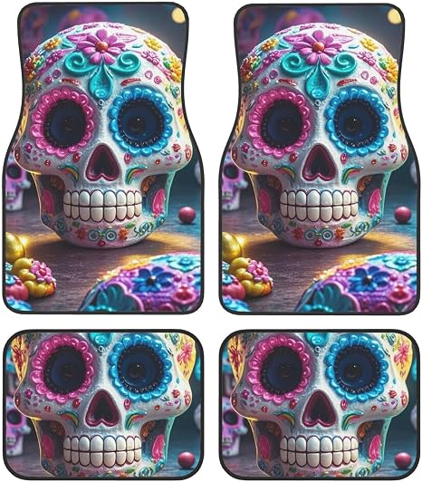 Car Floor Mats 4 Piece Universal Automotive Floor Mats Sugar Skulls Car Mat Set Rubber Floor Mats for Cars Non-Slip Car Foot Pad Car Carpet Decor Heel Pad for Most Vehicles - skull carpet