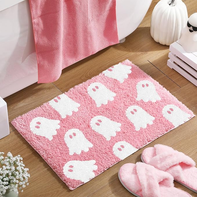 Pink Ghost Bathroom Rug Spooky Halloween Bath Mat, 24 x 16 Inch