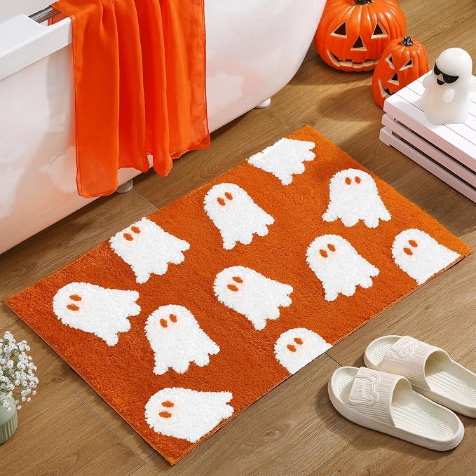Orange Ghost Bathroom Rug Spooky Halloween Bath Mat, 32 x 20 Inch - skull toilet mat