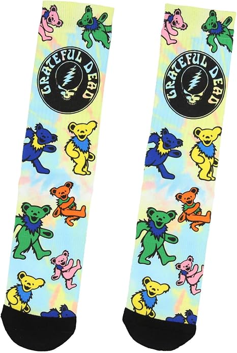Bioworld Grateful Dead Men's Steal Your Face Logo Dancing Bear Sublimated Tie-Dye Adult Mid-Calf Crew Socks 1 Pair - sugar skull costume
