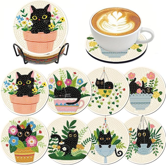 Clendo 8 Pcs Black Cat Diamond Art Coasters Kit - DIY 5D Small Diamond Painting Coasters with Holder, Flowers Diamond Art Kits for Adults Coasters, Arts and Crafts for Adults - skull coaster