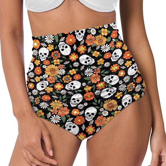 Women's High Waisted Bikini Bottom Tummy Control Ruched Bathing Suit Swim Bottom Plus Size S-3XL - skull swimsuit