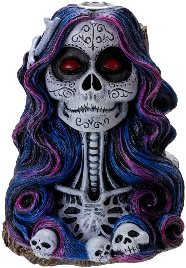 Pacific Giftware Day of The Dead Senorita Backflow Incense Burner Cascading Smoke Skeleton Senorita with Flowing Hair Design Home Decor 6″ Tall