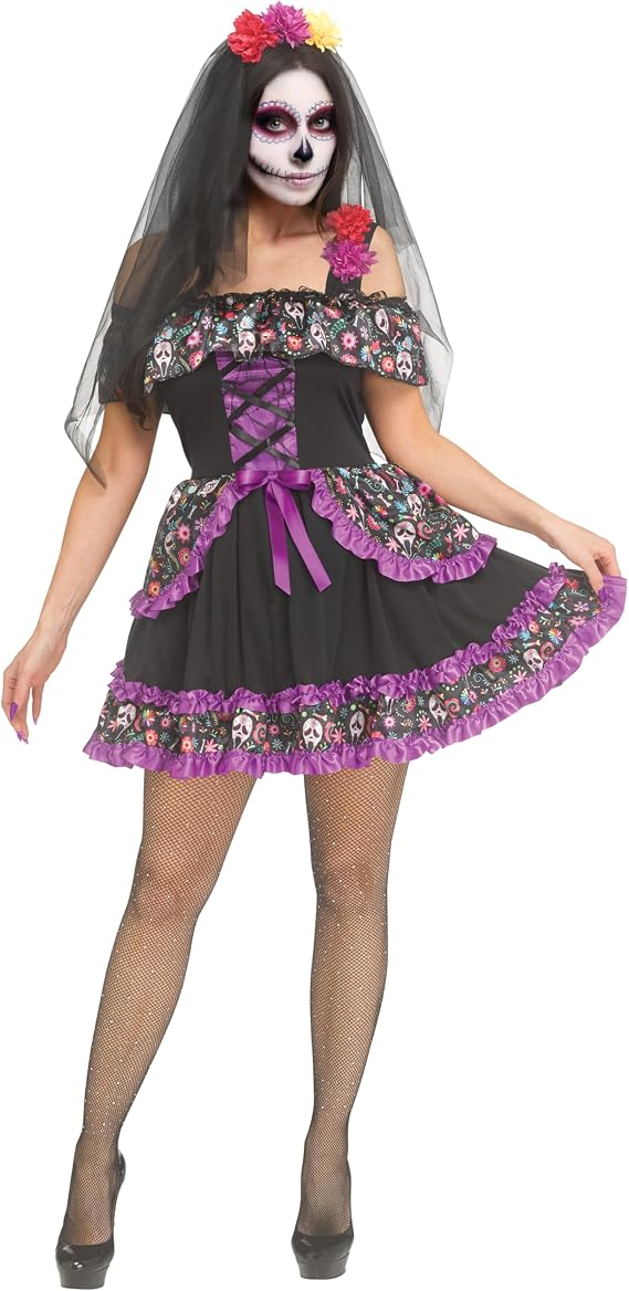 Fun World Women's Sugar Skull Ghost Face Adult Costume - sugar skull makeup