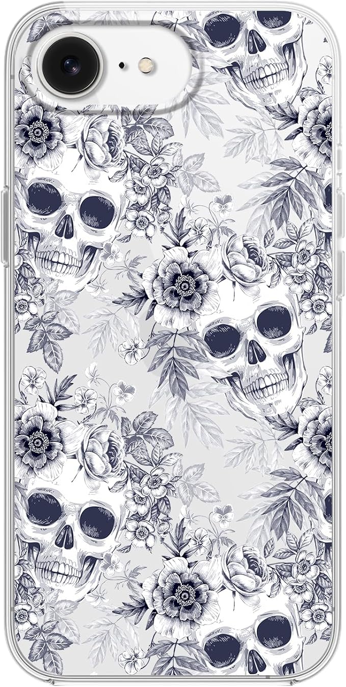 for iPhone 17e Case/iPhone 16e Case, Fun Floral Skull Pattern Retro Vintage Art Design Transparent Soft TPU Protective Clear Case 6.1 inch (White Floral Skulls) - Skull phone case