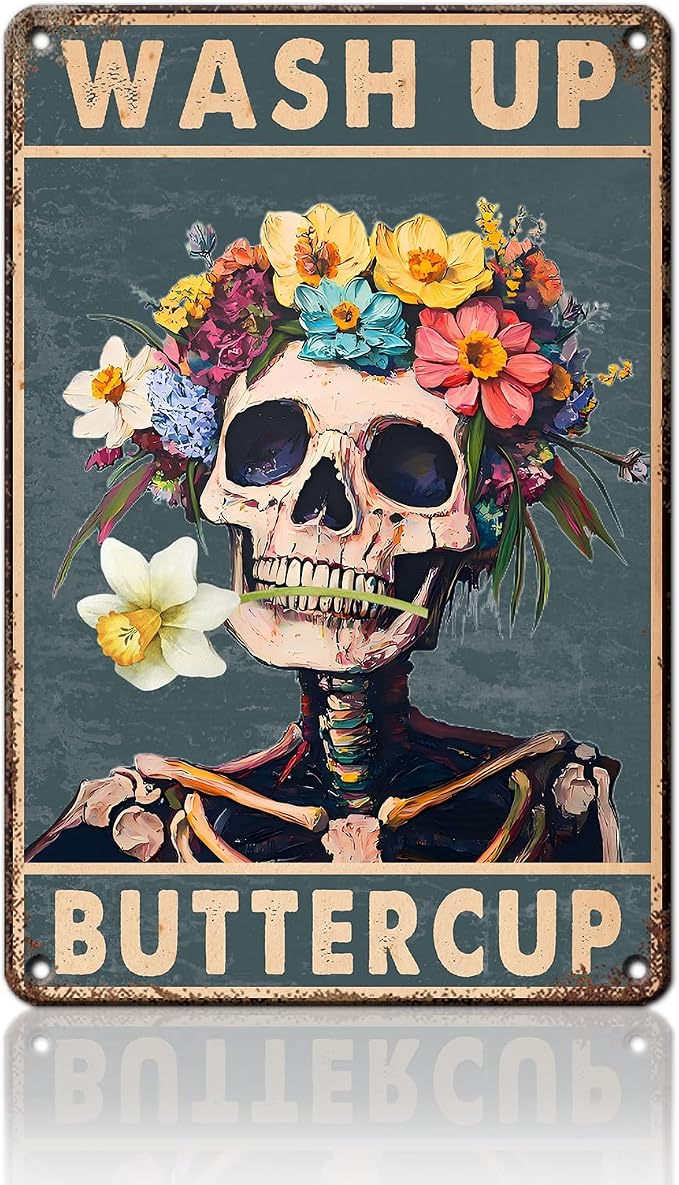 Wash Up Buttercup Metal Sign, Funny Bathroom Decor, Skeleton Skull Bathroom Wall Art, Vintage Floral Aluminum Sign for Restroom Guest Bath Toilet, 8x12 Inch - skull toilet mat