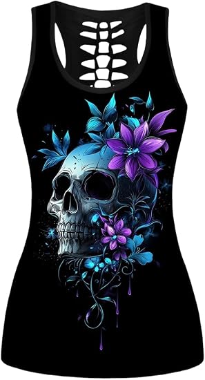 Sister Amy Women's Skull Print Hollow Out T-Shirt Crew Neck Plus Size Tank Top - skull tank tops