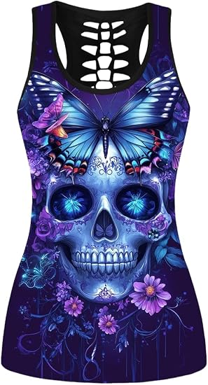 Sister Amy Women's Skull Print Hollow Out T-Shirt Crew Neck Plus Size Tank Top - skull tshirt