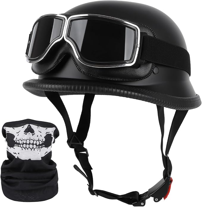 German Style Motorcycle Helmet, DOT Approved Adult Men Women Half Helmet, Skull Cap Half Shell Helmet with Goggles, for Street Bike Cruiser Moped Scooter Chopper - skull helmet