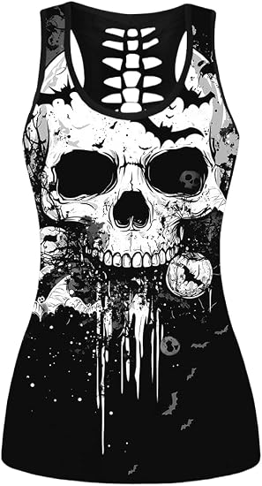 Sister Amy® Women's Stylish Patterns Print Hollow Out T-Shirt Crew Neck Plus Size Breathable Tank Top - skull tank tops