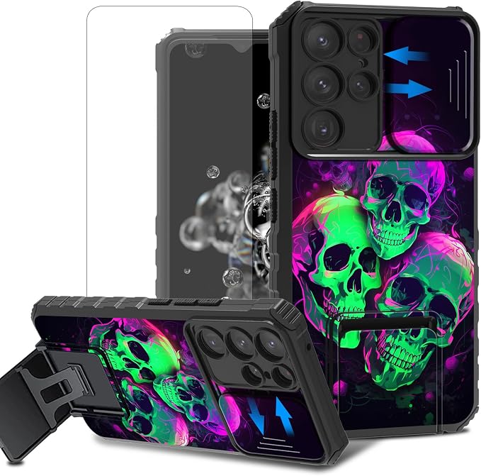 for Samsung Galaxy S25 Ultra Case with Screen Protector & Stand Kickstand & Slide Camera Protector Cover Dual Layer Heavy Duty Shockproof Phone Case for Samsung S25 Ultra,Green Purple Skull - Skull phone case