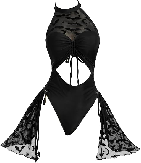MEOWCOS Women One Piece Swimsuits Gothic Halter Bathing Suit Retro Style Cut Out Swimsuit - skull swimsuit